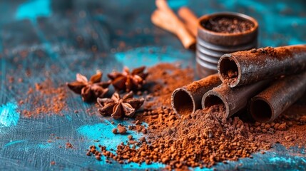   Cinnamon, star anise, cinnamon powder, cinnamon stick, and cinnamon spice on a blue and blue background