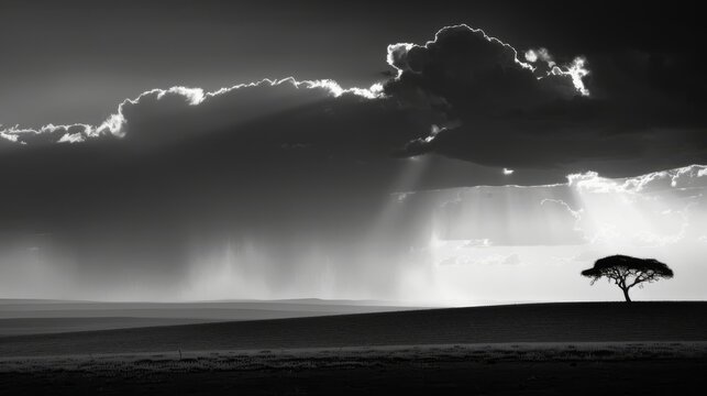   A monochrome image of a solitary tree against a backdrop of rolling fields and an overhead sky adorned with cloud formations