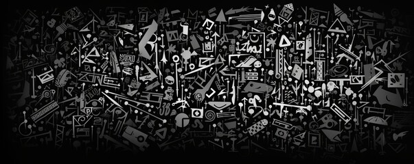 black background, many small graffiti spray tags shapes symbols, gray