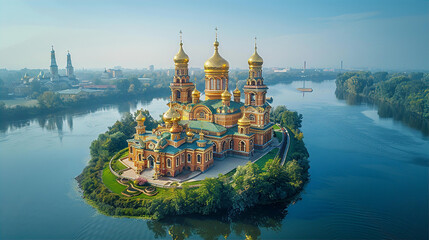 Very beautiful Eastern European  orthodox church with golden domes locates on river at sunny summer day.   - obrazy, fototapety, plakaty