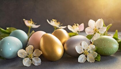 Obraz na płótnie Canvas colorful easter eggs with spring flowers on dark background happy easter banner