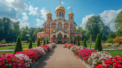 Very beautiful Eastern European  orthodox church with golden domes and flowers