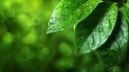   A detailed photo of a lush green foliage with droplets of water splashed on the leaves, set against a hazy backdrop of green vegetation - obrazy, fototapety, plakaty