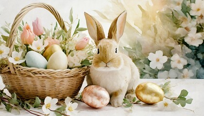 Obraz na płótnie Canvas watercolor easter decorations on the white background easter bunny easter eggs in basket bouquets of spring flowers