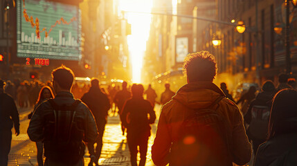 Crowd of people walking in city at sunset time