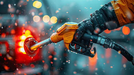 Man's hand holds Fuel pistols at  petrol station - obrazy, fototapety, plakaty