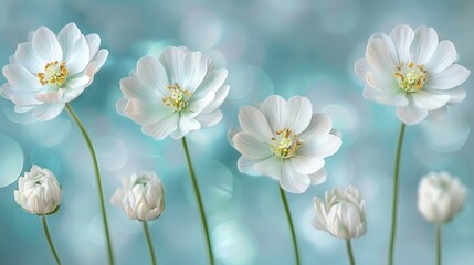   White flowers in a cluster sit against a blue-white backdrop with bubbles in the background