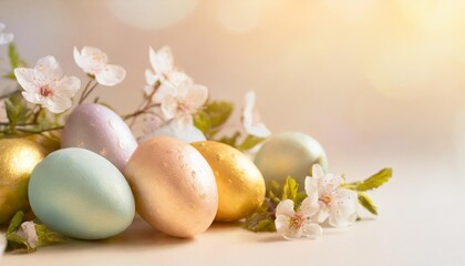 Fototapeta na wymiar easter eggs pastel colored and spring flowers on light background banner for design with copy space