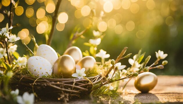 easter background easer eggs with some twigs and flowers as decoration against green bokeh background