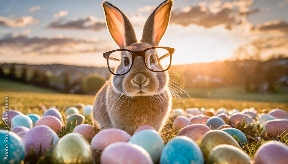 Wall mural bunny in glasses standing amongst tons of colored easter eggs