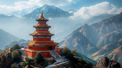 Tibetan temple in high mountains and beautiful panorama with mountains and valley. Travel and culture concept 