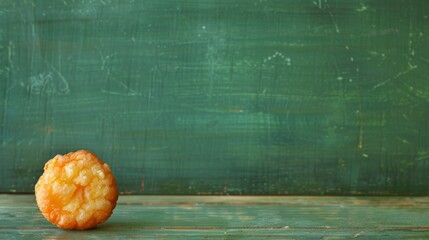   Food atop wooden table with green chalkboard and blackboard backdrop - obrazy, fototapety, plakaty