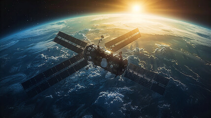 Modern spaceship orbiting planer Earth. Rising sunset