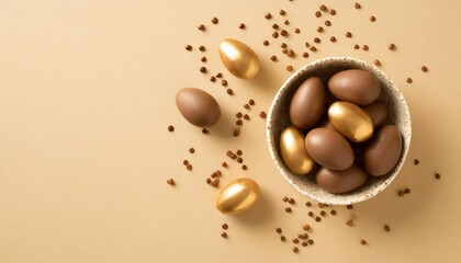 easter sweets concept top view photo of chocolate eggs dragees sprinkles on isolated beige background with copyspace