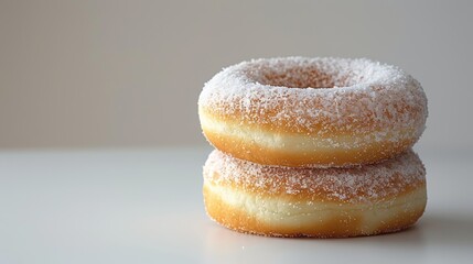   Two sugared donuts stacked on top of each other on a white countertop with a light background behind them