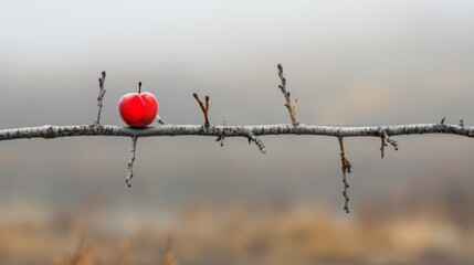   A red apple rests atop a tree branch alongside a twiggy branch extension