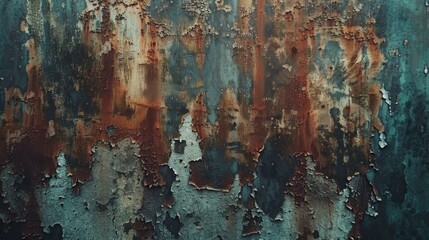 A rusted metal texture, with layers of peeling paint in faded 1950s-style colors, symbolizing the decaying remnants of a once-advanced civilization created with Generative AI Technology - obrazy, fototapety, plakaty