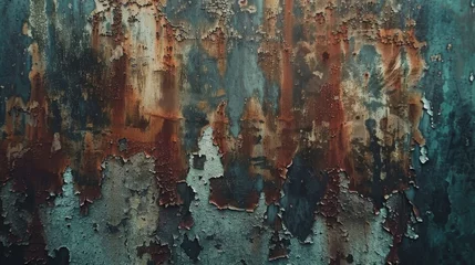 Foto op Canvas A rusted metal texture, with layers of peeling paint in faded 1950s-style colors, symbolizing the decaying remnants of a once-advanced civilization created with Generative AI Technology © Sentoriak