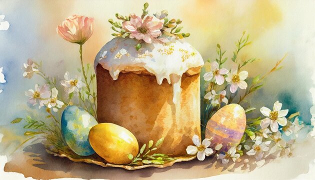 easter cake kulich painted watercolor easter eggs and spring flowers on the background