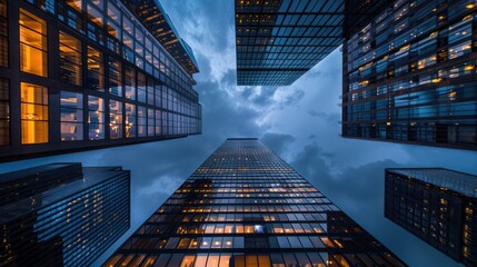 From below entrance of the office building next to contemporary high-rise structures Modern skyscrapers with glass mirrored walls and illuminated lights in City against cloud blue sky background.