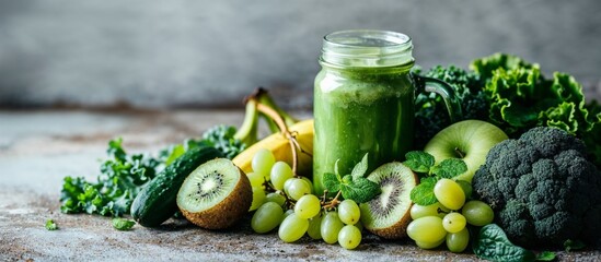 Healthy Green Smoothie and Fresh Ingredients on Table - 769124267