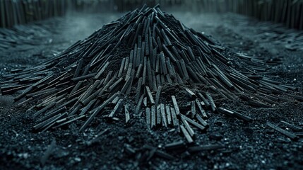   In a field surrounded by tall wooden poles stands a mound of sticks - obrazy, fototapety, plakaty