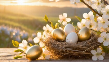 Fototapeta na wymiar easter eggs and nest background with spring flowers easter background