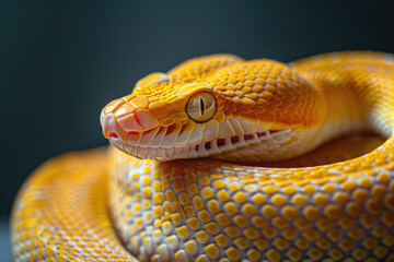 Fototapeta premium A purebred snake poses for a portrait in a studio with a solid color background during a pet photoshoot.