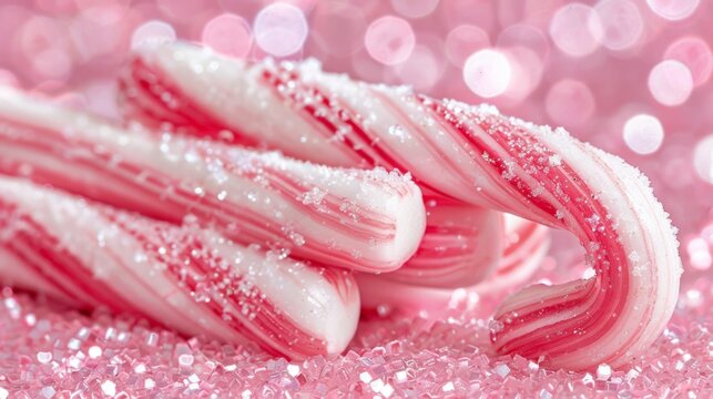   A close-up of two candy canes against a pink background with glitter and bokeh lighting in the backdrop