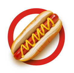 Iconic fast food hot dog with mustard on a red prohibited road sign isolated on white background