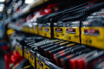 A variety of tools are neatly arranged on shelves in a store, showcasing brand logos and labels of automotive maintenance products