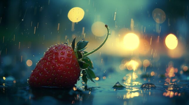    a strawberry on a damp surface with droplets on the ground and ambient light surrounding it