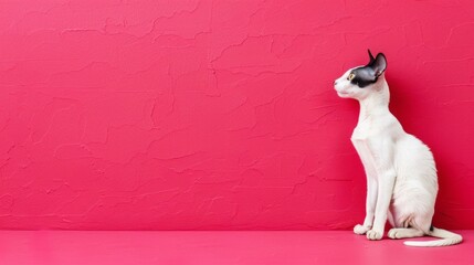   A white and black cat sitting in front of a pink wall with a black and white cat on its head