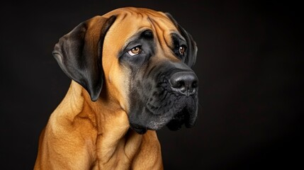   A dog with a serious expression in close-up on black background - obrazy, fototapety, plakaty