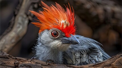   A bird with a red mohawk on its head and a tree branch in the background