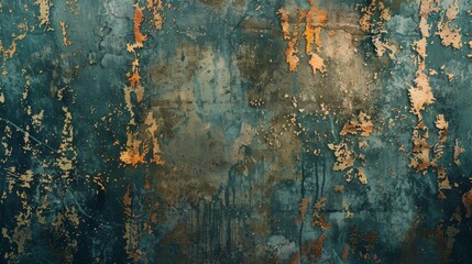 A rusted metal texture, with layers of peeling paint in faded 1950s-style colors, symbolizing the decaying remnants of a once-advanced civilization created with Generative AI Technology - obrazy, fototapety, plakaty