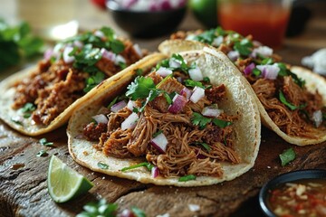 Delicious Tacos with Shredded Meat and Fresh Herbs - 769124882