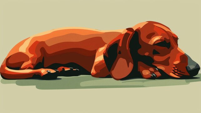   A dachshund lies on the ground with its head resting on its hind legs in a painting