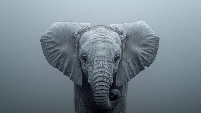   A close-up of an elephant's face in fog, with a black and white photo behind it