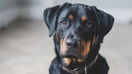   A close-up portrait of a mixed breed dog gazing directly at the camera with a melancholic expression on its face