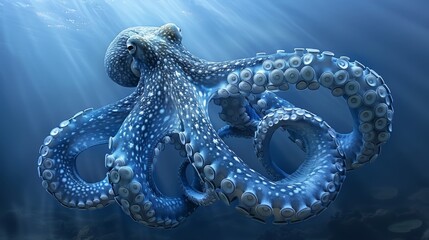   An octopus swims in the ocean with tentacles curled and head above water - obrazy, fototapety, plakaty