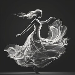 Woman dance in long white dress on black background