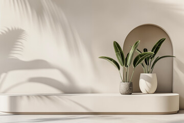 A sleek, minimalist setting highlights a grey concrete podium against a white backdrop, bathed in natural sunlight that casts soft shadows of foliage on the surface.
