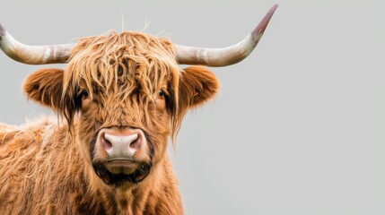   A close-up image of a cow with long hair and oversized horns, giving a stern gaze towards the camera