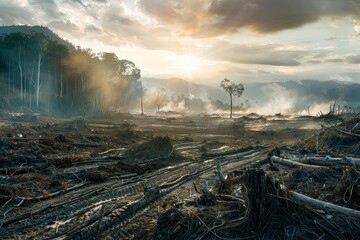 A dense forest landscape teeming with trees and scattered logs showcasing the aftermath of deforestation and clearcutting