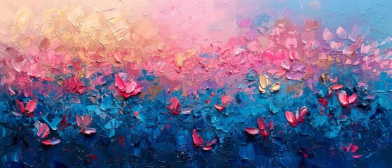   Painting of multi-colored flowers on a dual blue-pink background with a pink sky