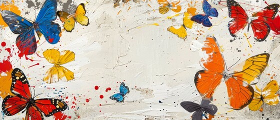   A colorful depiction of multiple butterflies adorning a pristine white canvas with vibrant red, yellow, and blue paint strokes