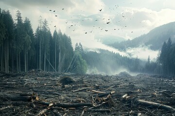 A forest filled with countless dead trees, a stark reminder of the destructive impact of deforestation and clearcutting - obrazy, fototapety, plakaty