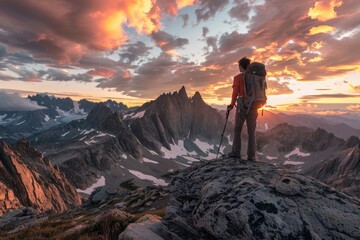 A man wearing a backpack stands triumphantly atop a mountain, with a dramatic skyline in the background - obrazy, fototapety, plakaty