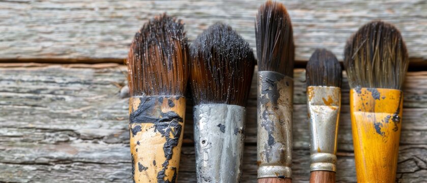  A set of brushes rests together on a wooden panel with plywood underneath